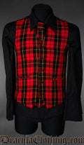 Men's formal vest waistcoat made with wallace tartan in red black and yellow plaid shown with matching tie and a black longsleeved shirt