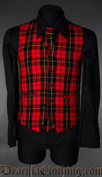 Men's formal vest waistcoat made with wallace tartan in red black and yellow plaid shown with matching tie and a black longsleeved shirt