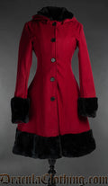 Women's thick wool winter coat with black faux fur collar sleeve cuffs and hem