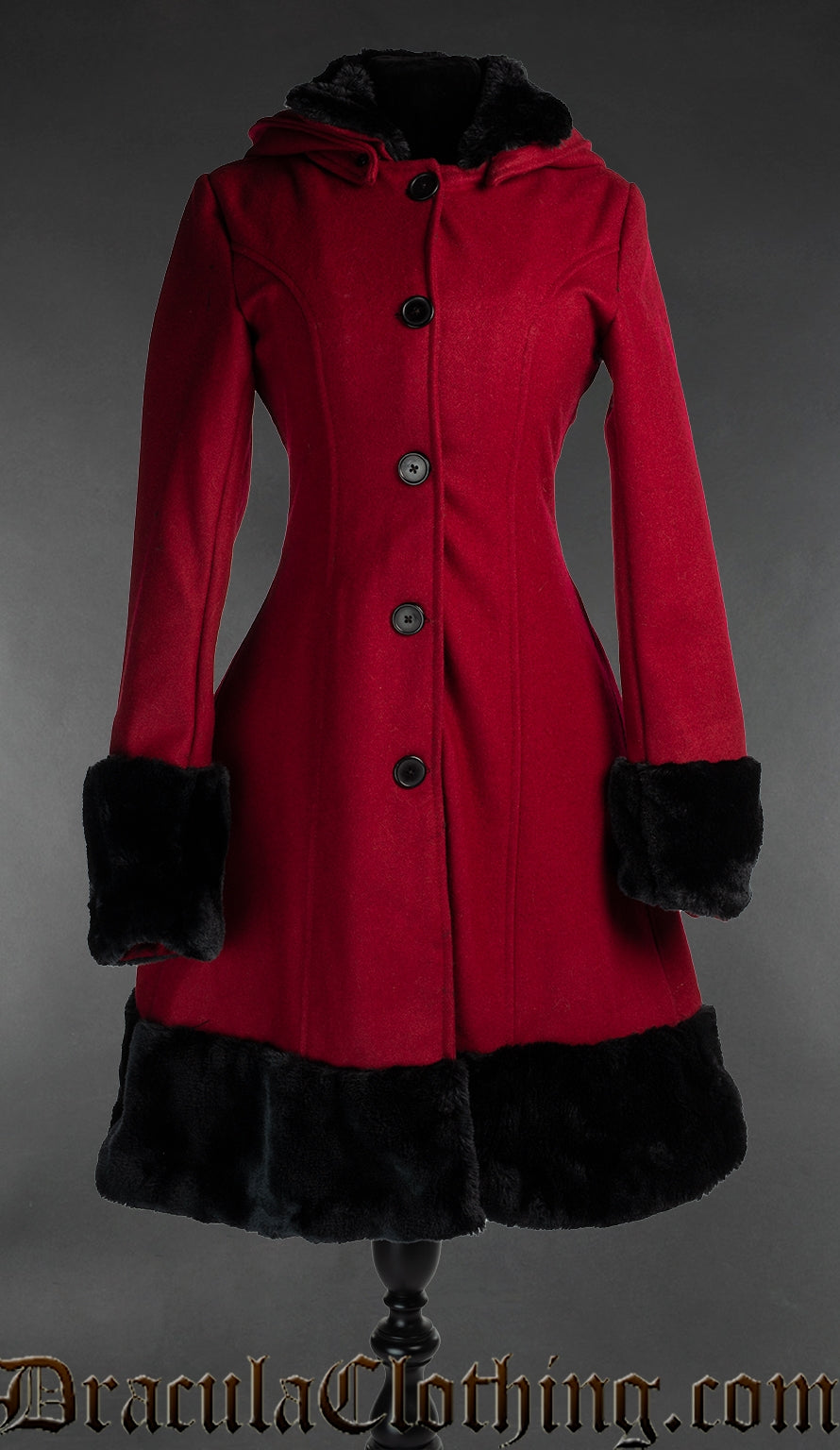 Women's thick wool winter coat with black faux fur collar sleeve cuffs and hem