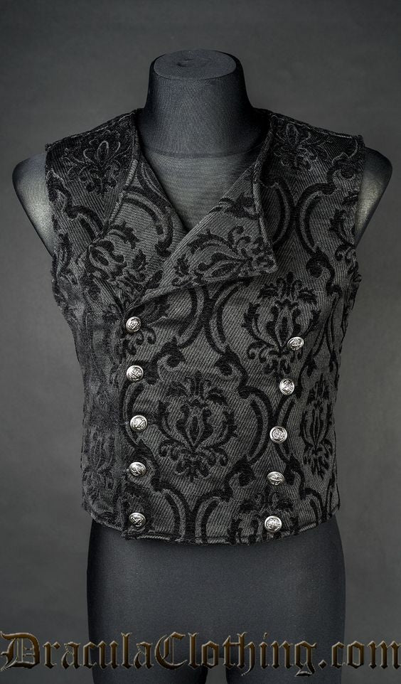Thick Black Brocade Double Buttoned Vest