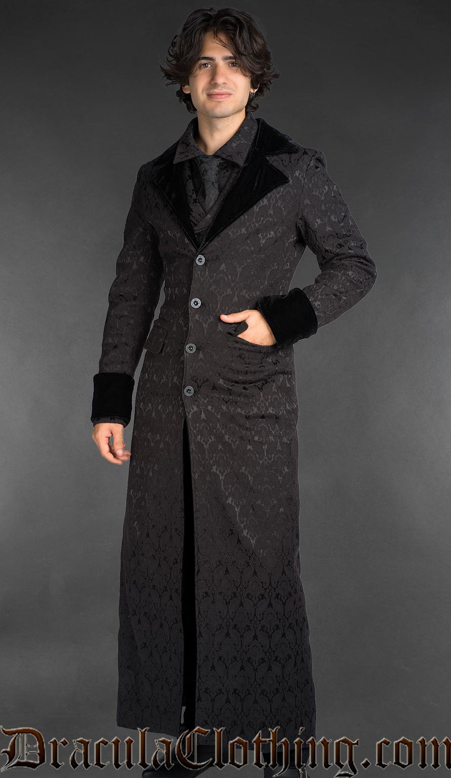 Side view Victorian gothic men’s cotton brocade frock coat with velvet lapels, black vampire gentleman style
