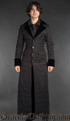 Victorian gothic men’s cotton brocade frock coat with velvet lapels, black vampire gentleman style