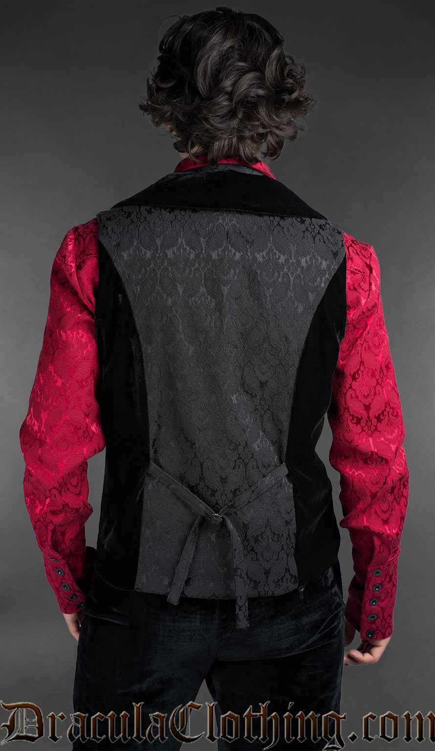 Back view Black cotton brocade with satin lapels and velvet details