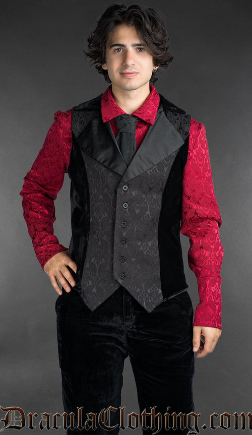 Black cotton brocade with satin lapels and velvet details