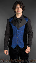 Men’s blue brocade gothic vest with black velvet details, worn over a black patterned shirt, Victorian alternative fashion