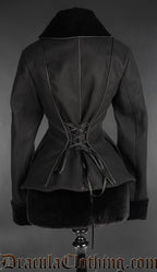 Back view of women's black faux wool jacket showing faux leather piping and adjustable lacing in the back 