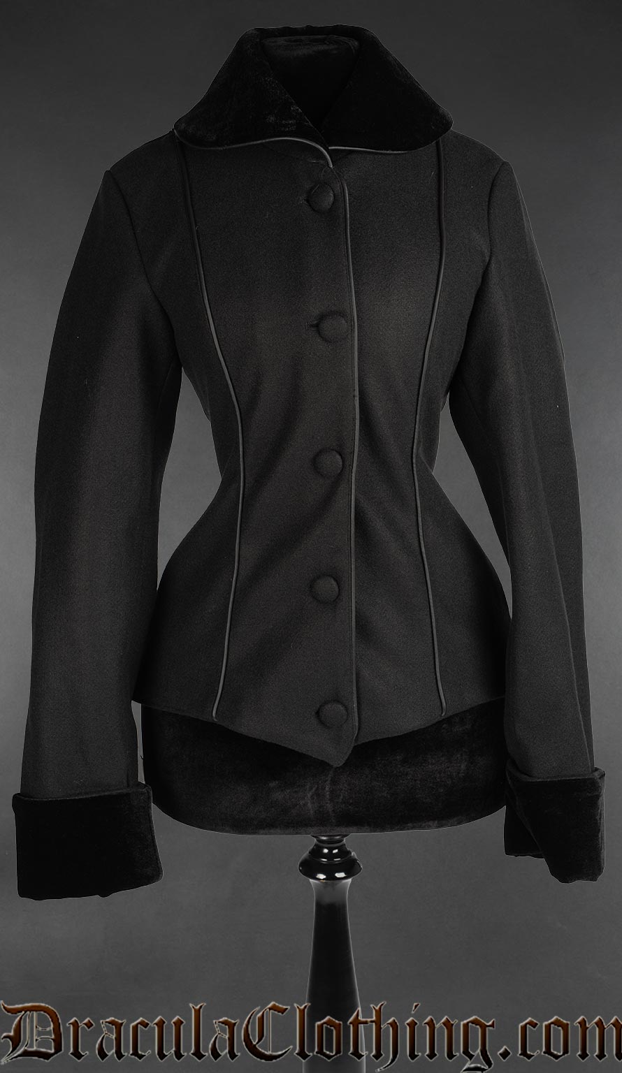 Women's black faux wool jacket with velvet collar and sleeve cuffs and fabric covered buttons