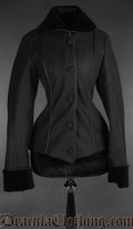 Women's black faux wool jacket with velvet collar and sleeve cuffs and fabric covered buttons