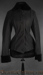 Women's black faux wool jacket with velvet collar and sleeve cuffs and fabric covered buttons