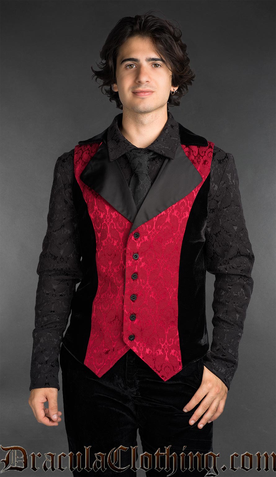 Men’s red brocade gothic vest with black velvet details worn over black shirt