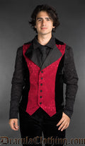 Men’s red brocade gothic vest with black velvet details worn over black shirt