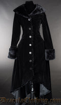 Women's black high low coat with centre button closure made with deep black velvet and faux fur