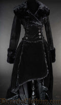 Women's high low black velvet coat with wrap closure faux fur accents satin lining and details