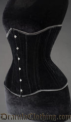 Side view of women's black velvet corset showing extreme waist style shaping