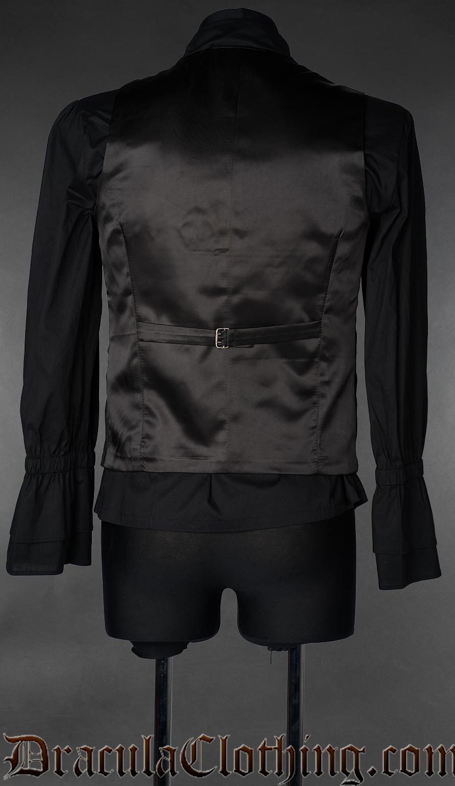 back view of black velvet groom vest showing black satin back and adjustable strap