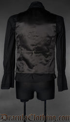 back view of black velvet groom vest showing black satin back and adjustable strap