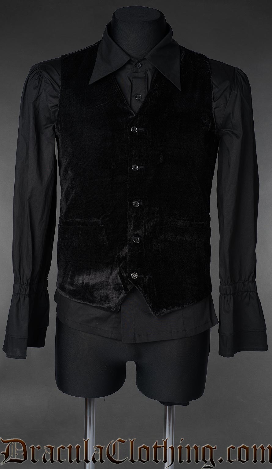 men's formal black velvet vest waistcoat pictured over a longsleeved black shirt