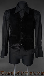 men's formal black velvet vest waistcoat pictured over a longsleeved black shirt