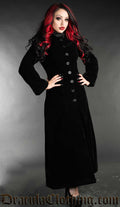 Women's long coat with centre button closure made from deep black velvet