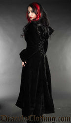 Back view of women's long black velvet coat showing adjustable corset lacing in the back and attached hood
