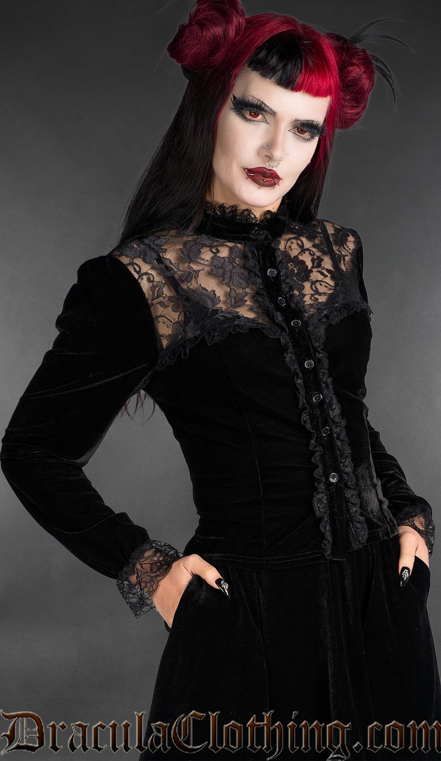 Black velvet blouse with lace details