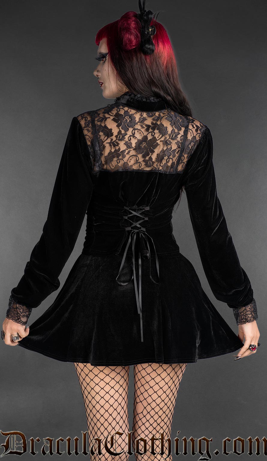 Black velvet blouse with lace details