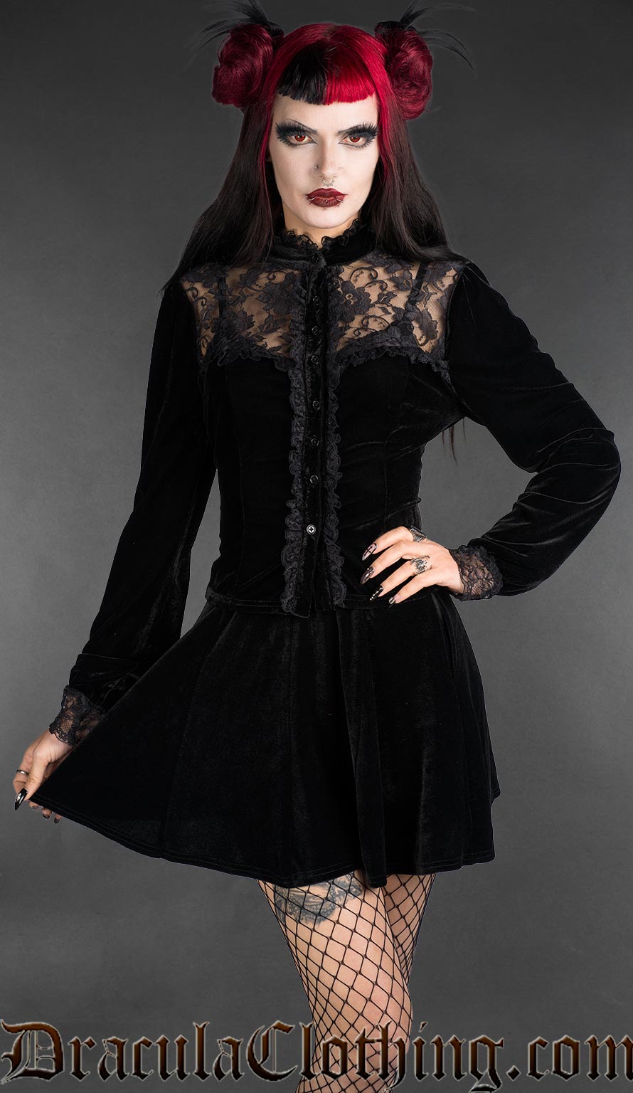 Black velvet blouse with lace details