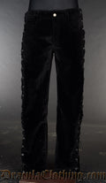 Men's dark black velvet straight leg pants with lacing on the outer side of each leg