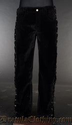 Men's dark black velvet straight leg pants with lacing on the outer side of each leg