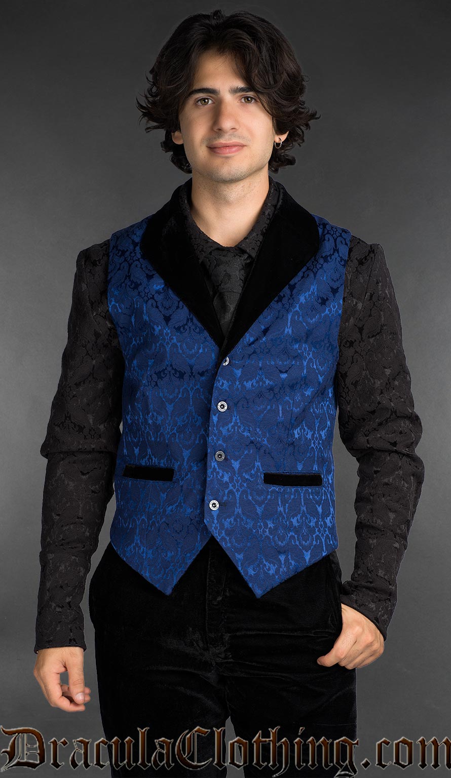 Blue brocade gothic waistcoat with black shawl lapel, Victorian-inspired men’s alternative fashion