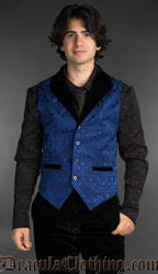 Blue brocade gothic waistcoat with black shawl lapel, Victorian-inspired men’s alternative fashion