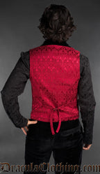 Back view of Men’s red brocade gothic vest with black velvet lapel, Victorian alternative waistcoat worn over a black shirt
