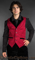 Men’s red brocade gothic vest with black velvet lapel, Victorian alternative waistcoat worn over a black shirt
