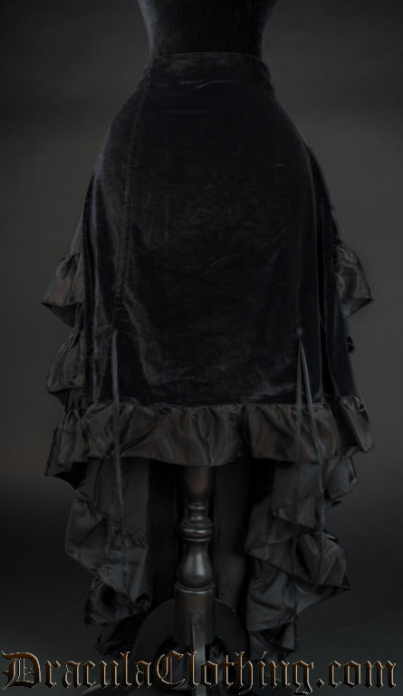 Women's velvet and satin black layered bustle skirt with front of skirt lowered