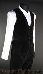Side view of black pointed forked velvet vest