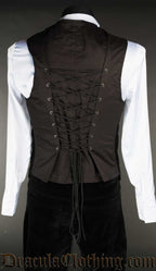 Back of velvet long vest showing adjustable corset style lacing