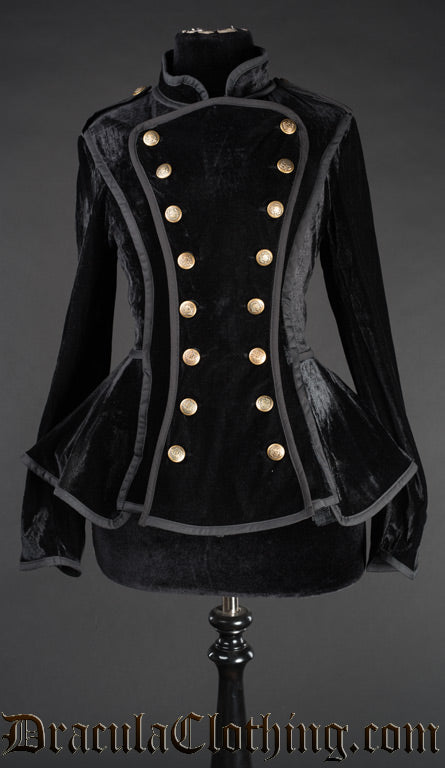 Women's black velvet military inspired jacket with skirt style flair and decorative gold coloured buttons on front panel