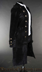 Side view of pirate inspired black velvet coat for women showing gold coloured buttons on an open double breasted design