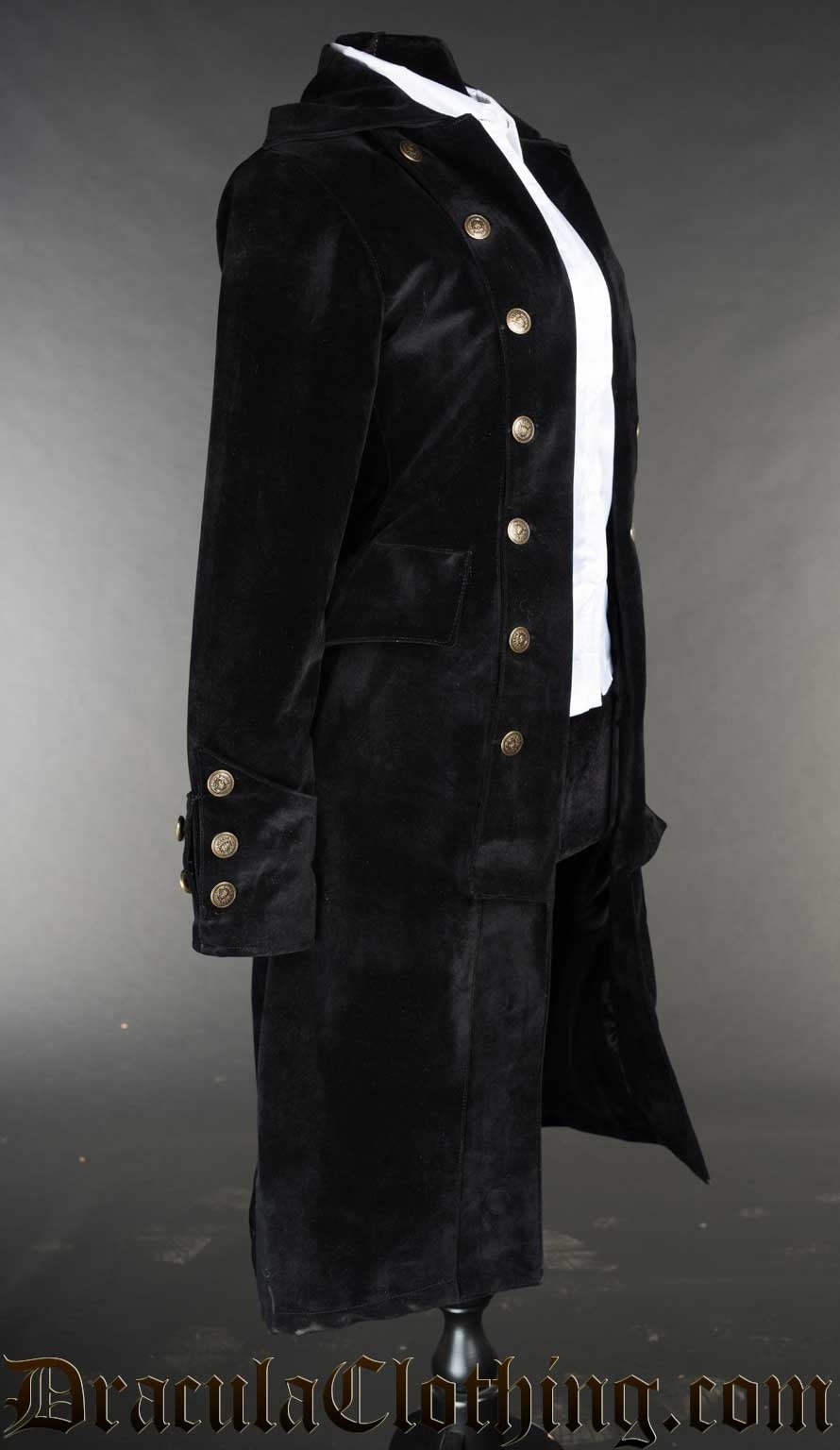 Side view of pirate inspired black velvet coat for women showing gold coloured buttons on an open double breasted design