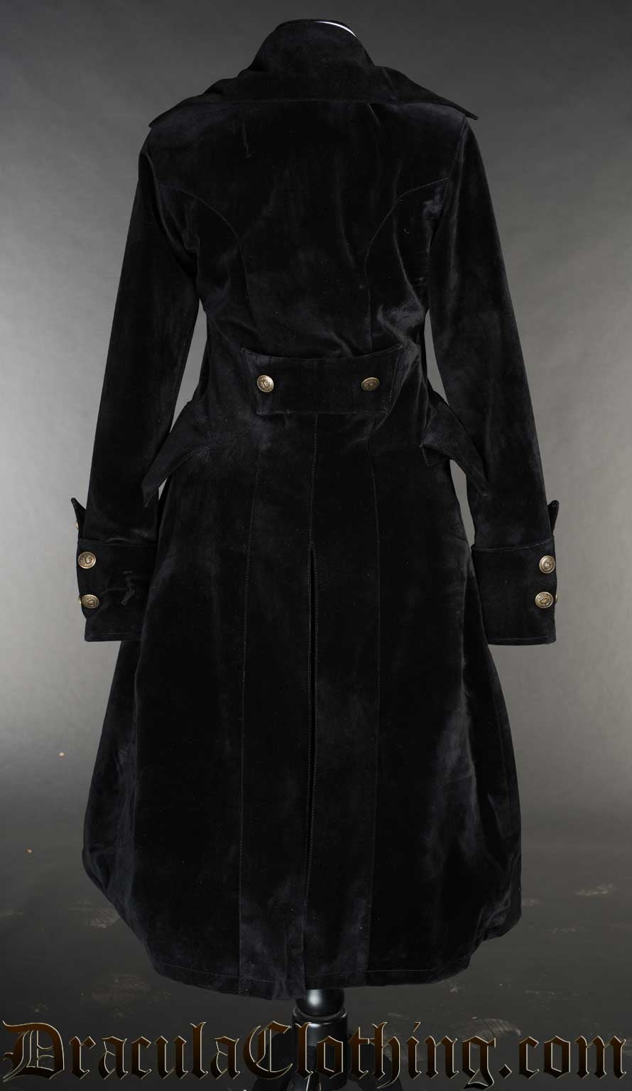 Back view of women's black velvet pirate inspired coat showing gold coloured button details on sleeve cuffs and half belt