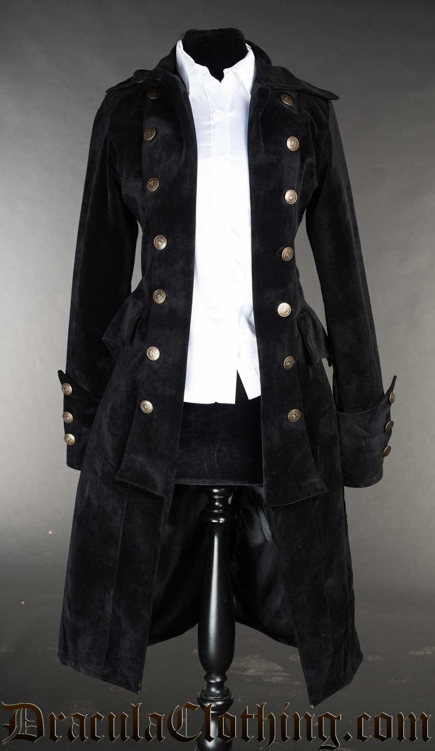 Women's black velvet pirate coat in open double breasted design and gold coloured decorative buttons