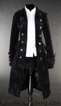 Women's black velvet pirate coat in open double breasted design and gold coloured decorative buttons