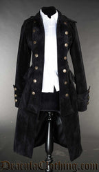 Women's black velvet pirate coat in open double breasted design and gold coloured decorative buttons