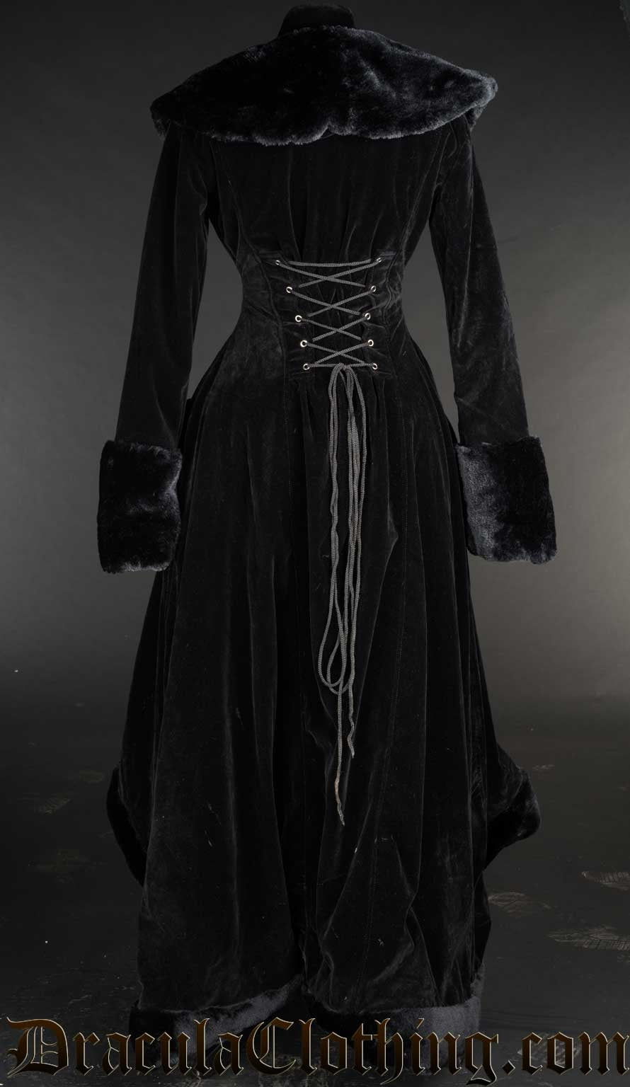 Back view of women's black velvet winter coat with adjustable corset-style lacing on the back