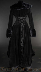 Back view of women's black velvet winter coat with adjustable corset-style lacing on the back