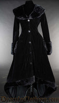 Women's deep black velvet high low winter coat with faux fur accents and pockets