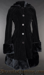 Women's button down thick black velvet coat with faux fur on the cuffs, collar and hem