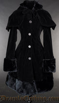Dark black women's winter coat made with velvet and faux fur accents shown with detachable cape