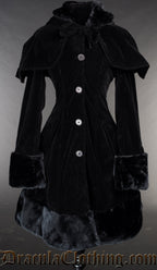 Dark black women's winter coat made with velvet and faux fur accents shown with detachable cape